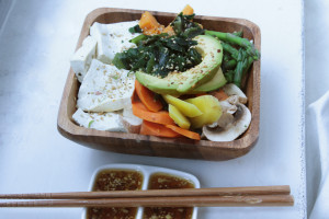 Earth and Sea Buddha bowl with avocado seaweed carrots asparagus sweet potato mushroom vegan recipe