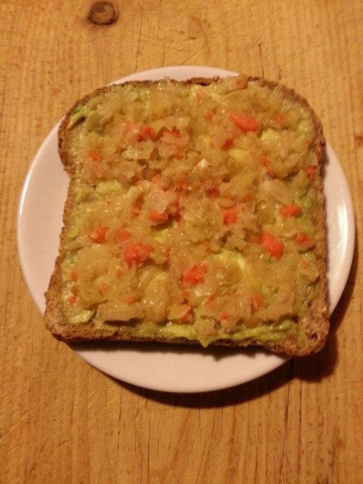 garlic lime carrot n cabbage kraut on avocado toast
