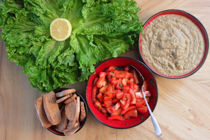 Baba ghanoush lettuce wraps with whole wheat toast and marinated tomatoes