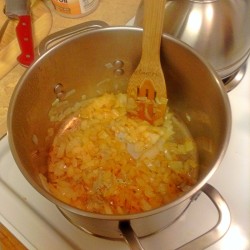 Vegan butternut squash soup step 2: saute the vegetables and add stock