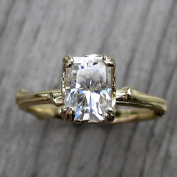 emerald moissanite twig engagement ring by Kristin Coffin