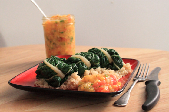 sweet potato stuffed swiss chard with mango salsa