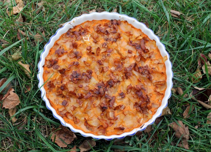 vegan thanksgiving recipes - Pumpkin, Onion, "Bacon" Tart