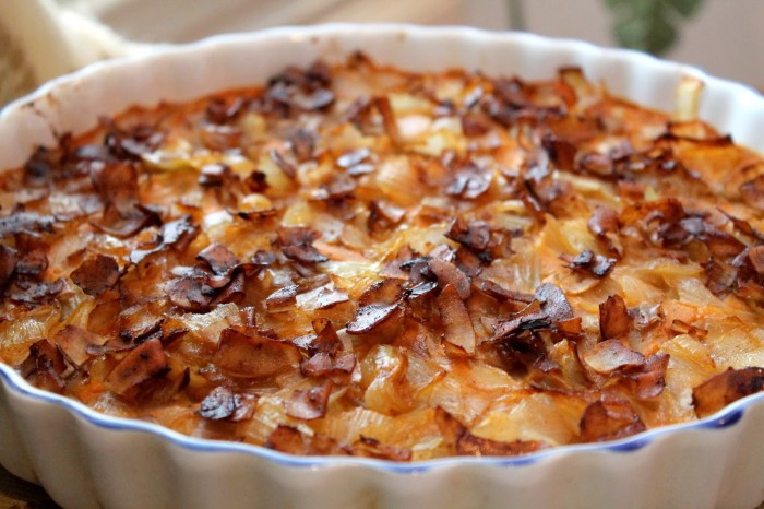 vegan thanksgiving recipes - Pumpkin, Onion, "Bacon" Tart