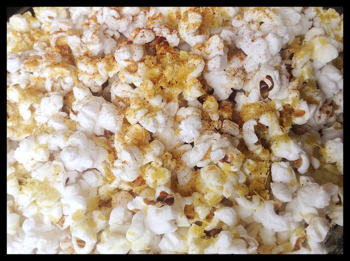 Stove-popped popcorn, cheesy garlic popcorn, vegan