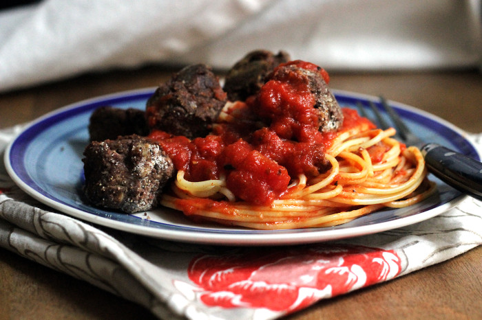 Spaghetti and Black Bean Mushroom Vegan Meatballs