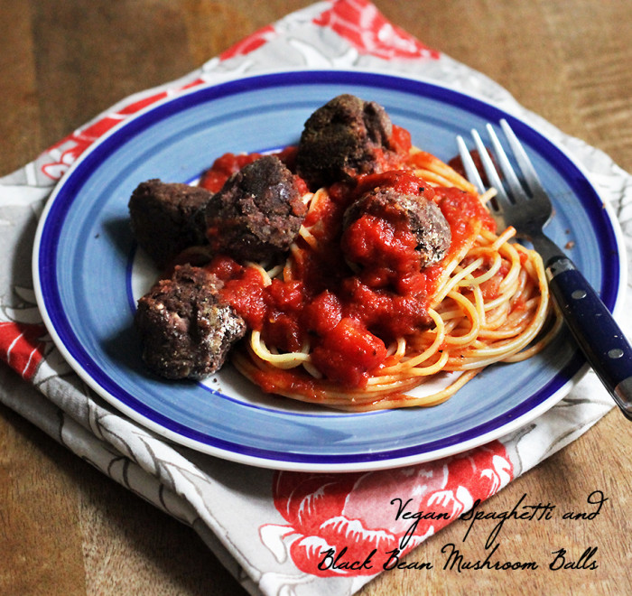 Spaghetti and Black Bean Mushroom Vegan Meatballs