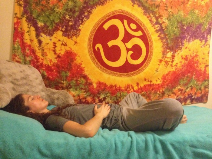 yoga in bed reclining bound angle pose