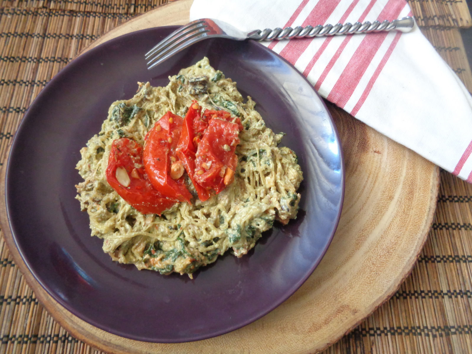 Healthy Dinner: Vegan Pesto Spaghetti Squash with Roasted Tomatoes