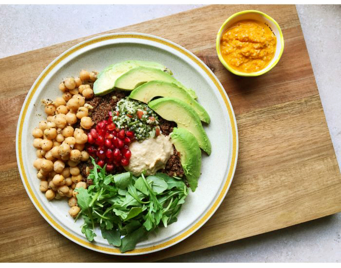 Mediterranean Kañiwa Bowl with Carrot Turmeric Dressing