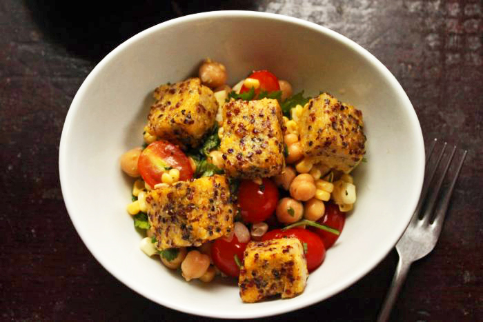 Corn, Tomato, and Chickpea Salad With Polenta Croutons