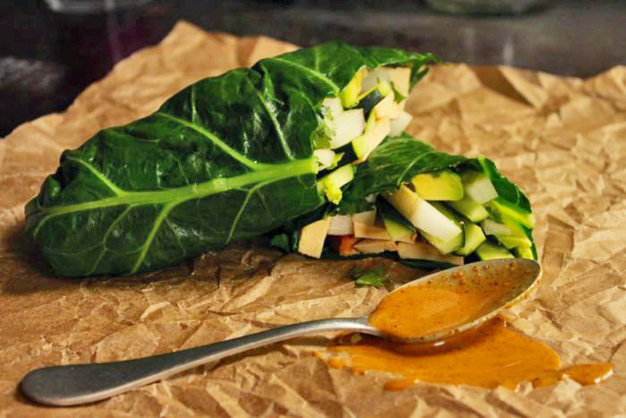 Vegan Appetizer Recipes: Collard Wraps With Almond Ginger Sauce