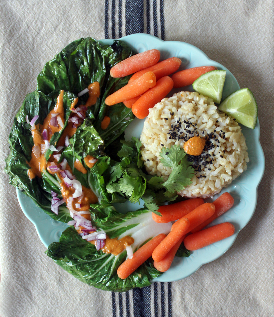 Healthy Dinner: Bok Choy and Brown Rice with Red Bell Pepper Sauce