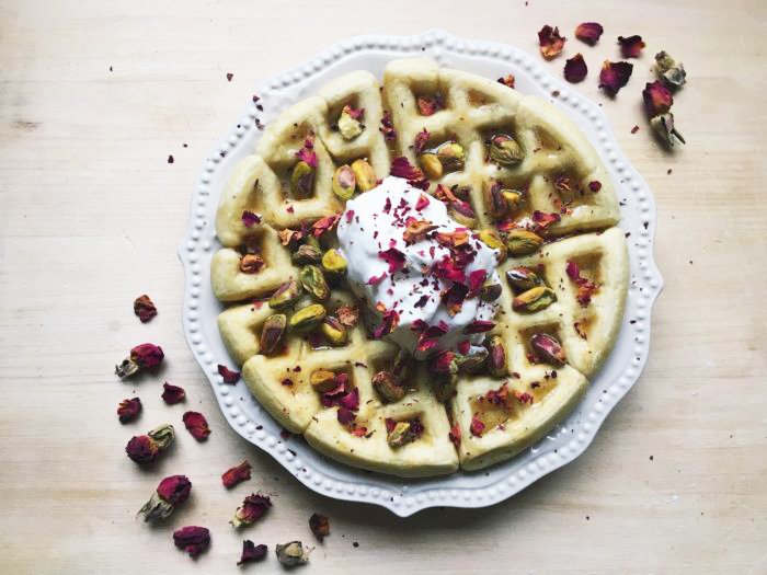 Vegan Breakfast Recipes: Pistachio Rose Water Belgian Waffles