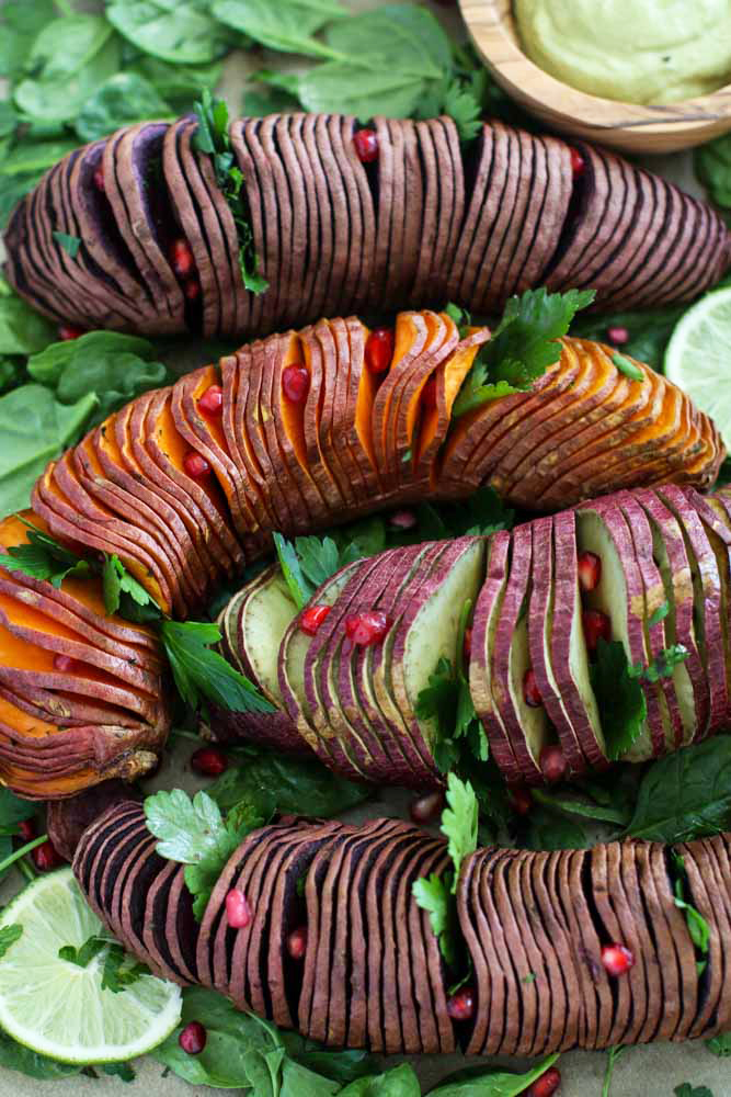 Healthy Sides: Hasselback Sweet Potatoes with Avocado Lime Cream