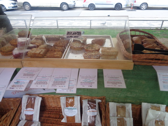 Farmers market stand with vegan treats, Prague.