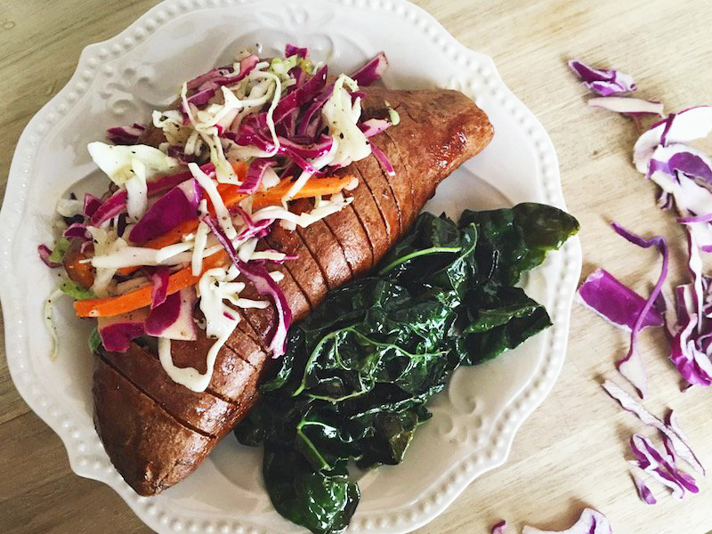 Healthy Dinner: BBQ Baked Sweet Potato With Horseradish Slaw & Kale