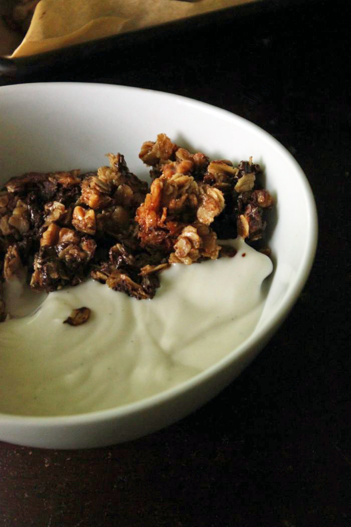 Vegan Chocolate Cinnamon Granola and coconut yogurt in a white bowl against a dark background.