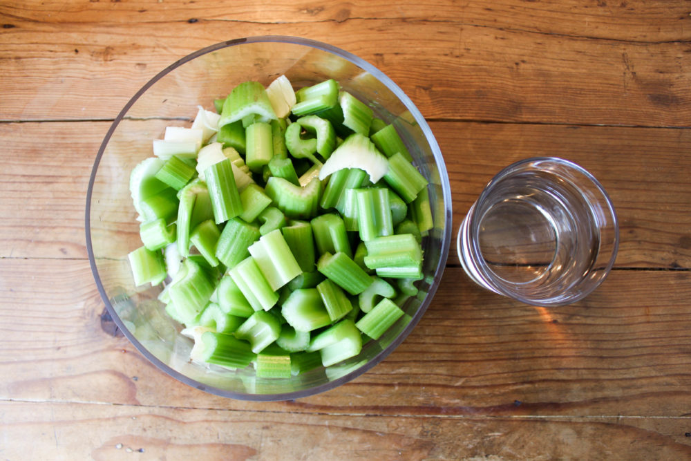 How to Make Celery Juice step 1: cut up celery and put in a bowl