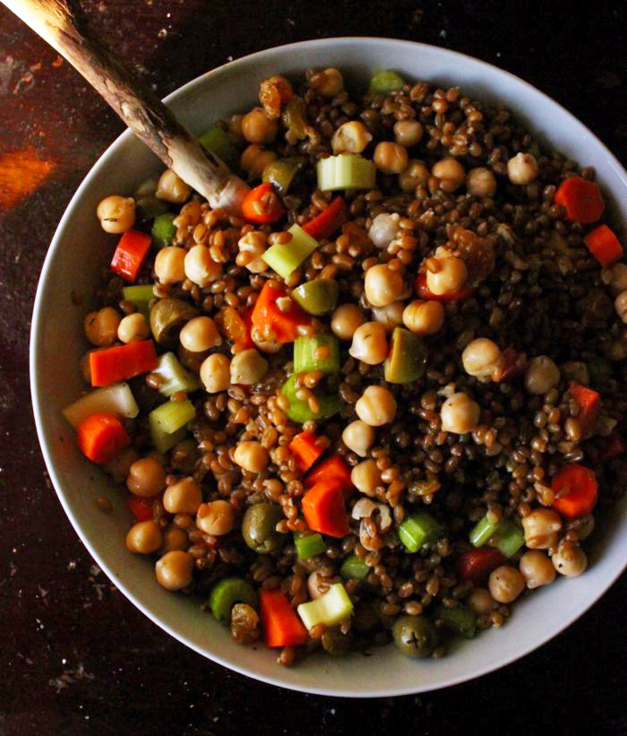 Wheat Berry Salad With Chickpeas, Olives & Raisins