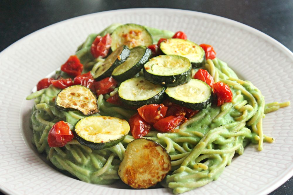 Roasted Garlic Supergreens Cauliflower Alfredo With Zucchini & Tomatoes