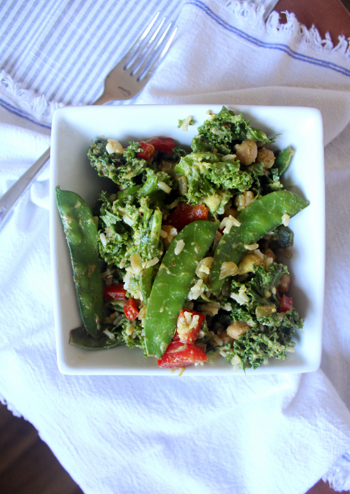 Hearty Massaged Kale Salad With Rice & Lightly Cooked Veggies