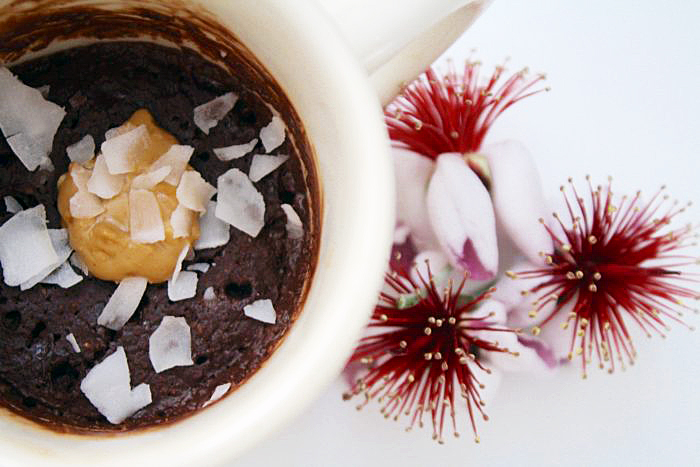 30-Second Vegan Chocolate Cake in a Mug close up against a white table.