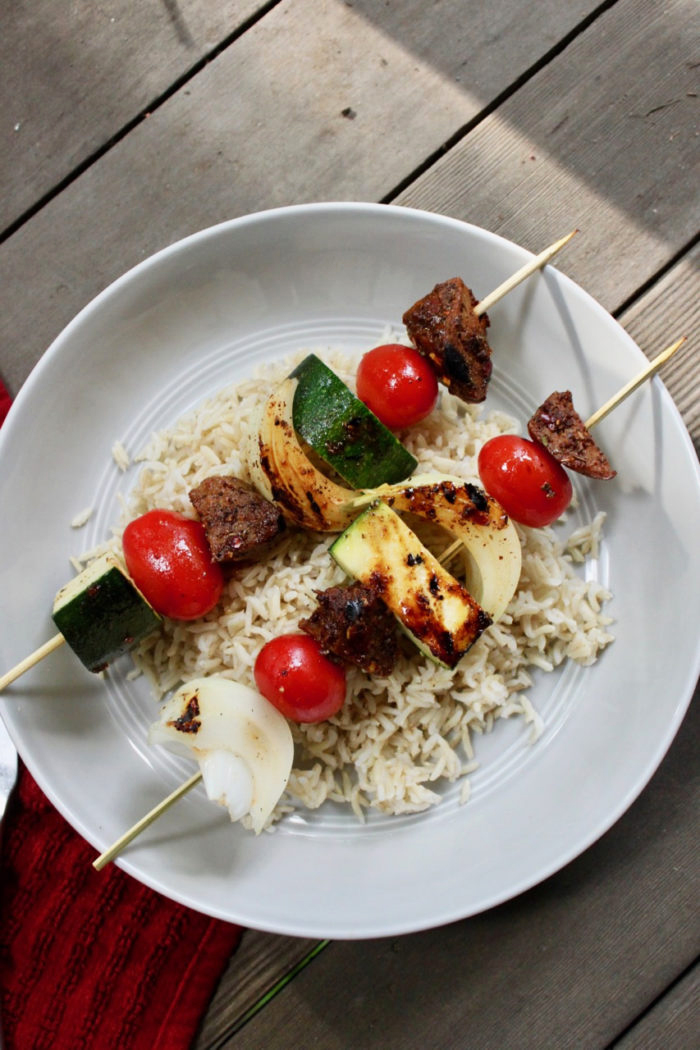 Coffee Rubbed Seitan and Veggie Skewers