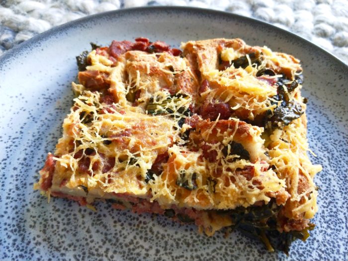 Vegan Kale & Bacon Breakfast Strata (Savory Bread Pudding)