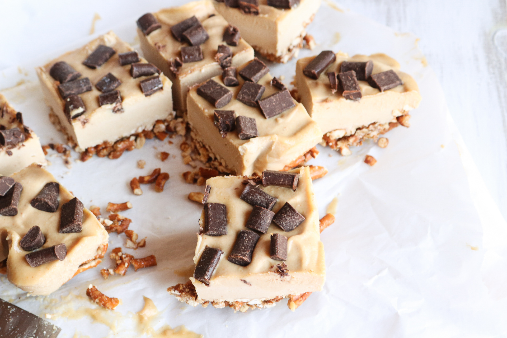 No Bake Vegan Peanut Butter Cheesecake with Pretzel Crust and Chocolate Chunks