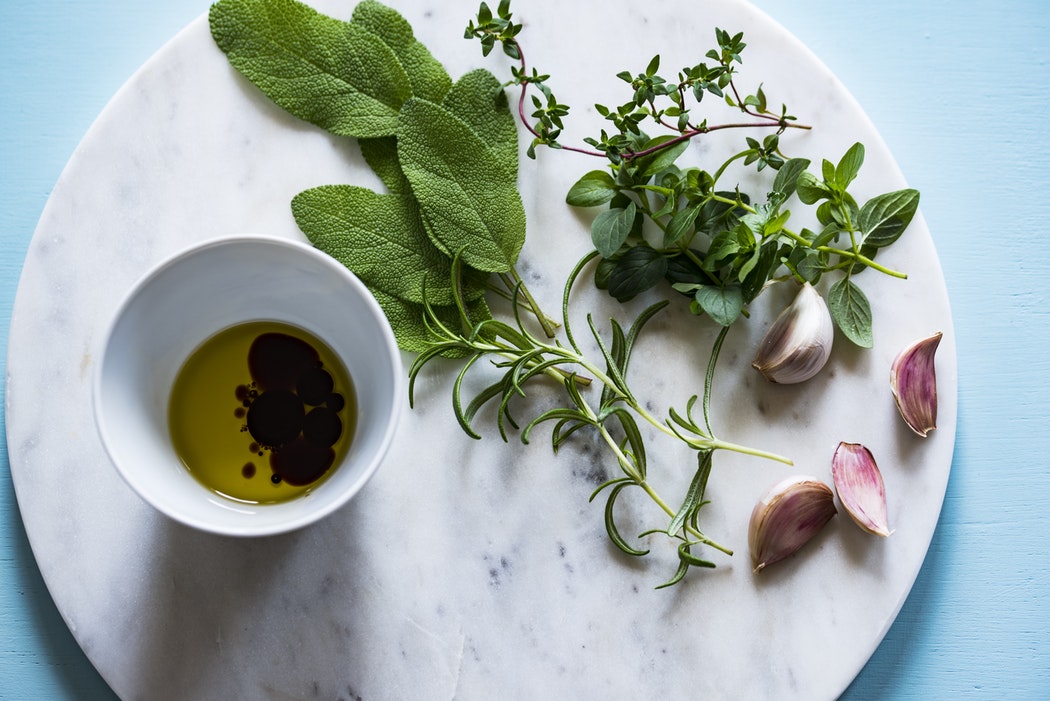 herbs, fresh, cooking, vegan, olive oil, garlic