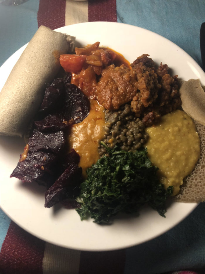 Vegan food platter in Gondar Ethiopia