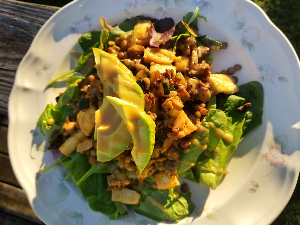 Hearty Tofu Lentil Salad with Ginger Dressing