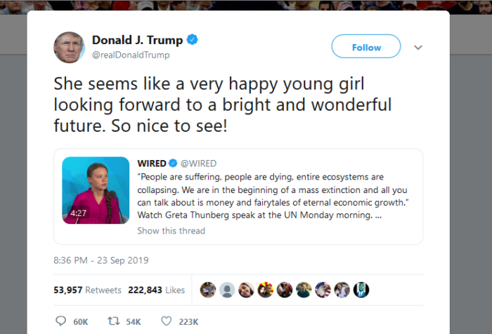 Tweet by Donald Trump in response to Greta Thuberg's UN speech