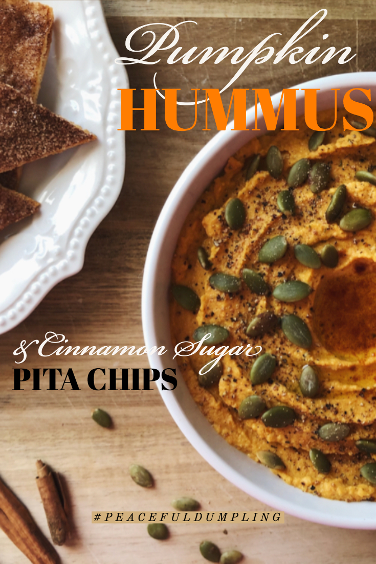 Pumpkin hummus with cinnamon sugar pita chips