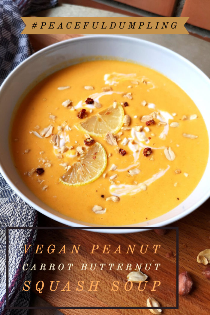 Vegan Peanut Carrot Butternut Soup with caption