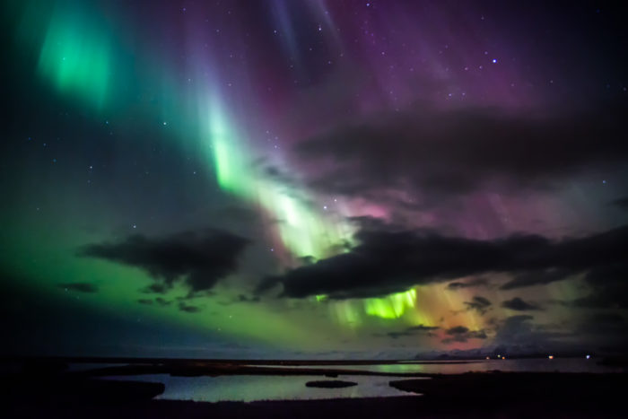 Green, blue, yellow and purple Northern Lights