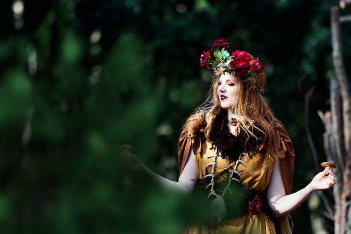 a celtic woman in a flower crown in a forest