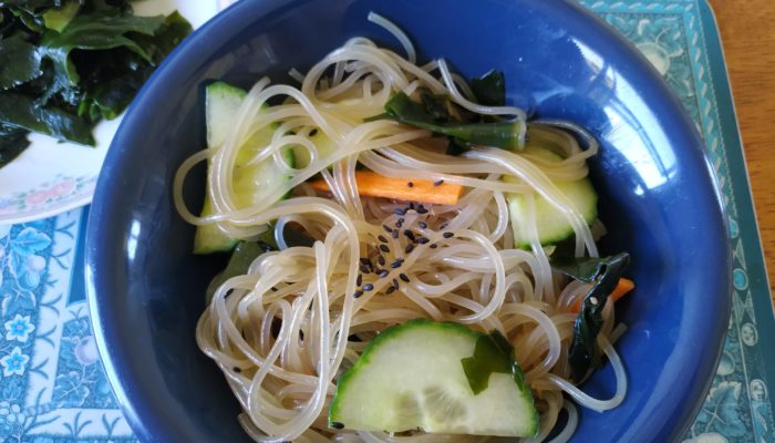 Glass noodles in a bowl on a table