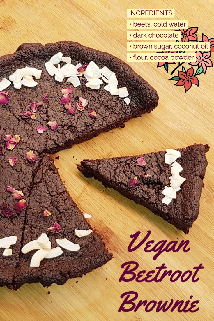 vegan beetroot brownie on a wooden surface with caption
