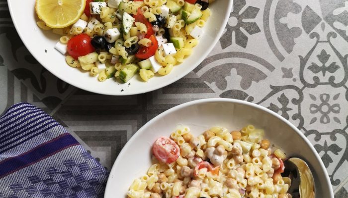 Vegan Greek pasta salad in two bowls
