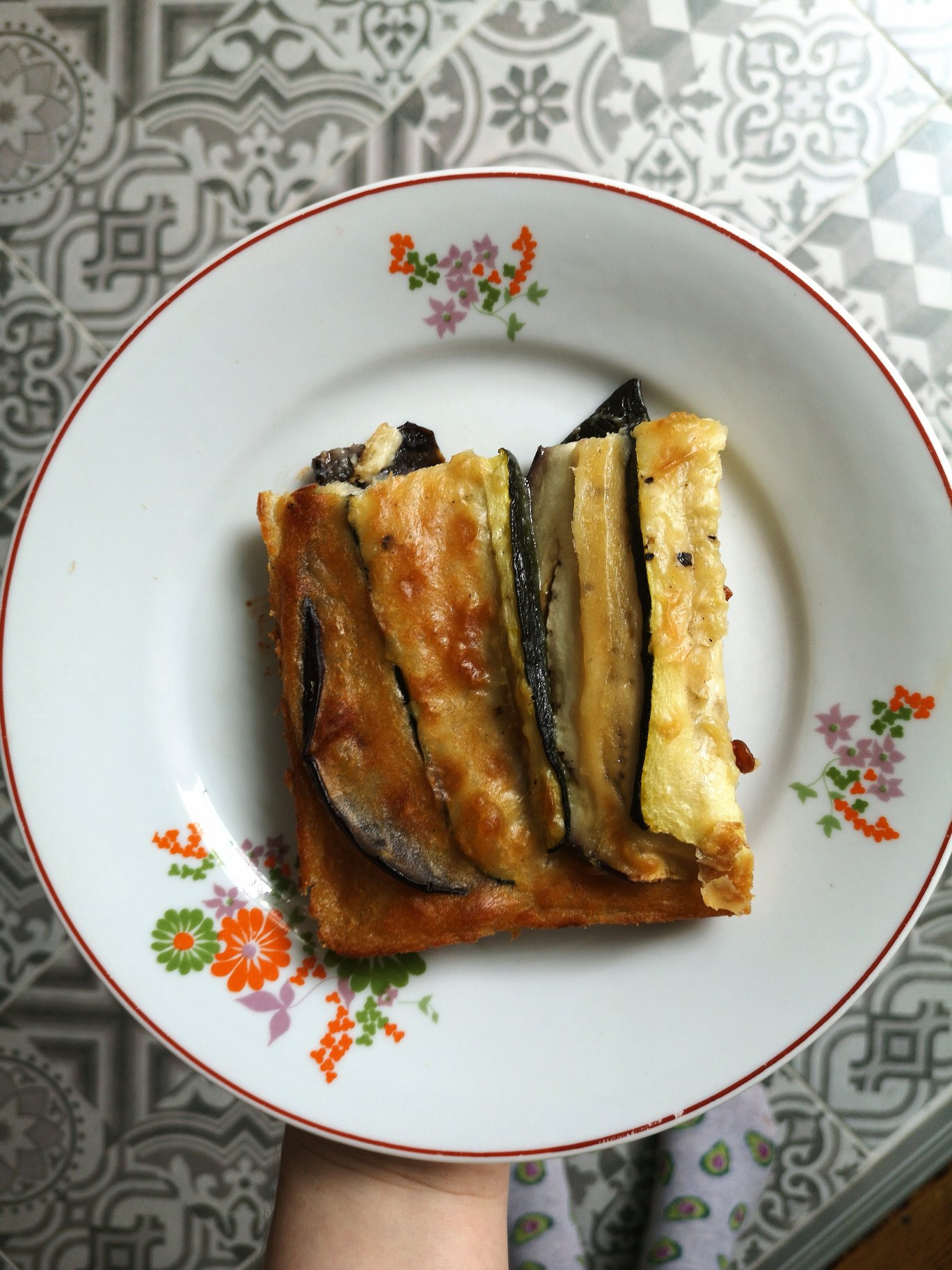 Vegan Moussaka on a floral plate