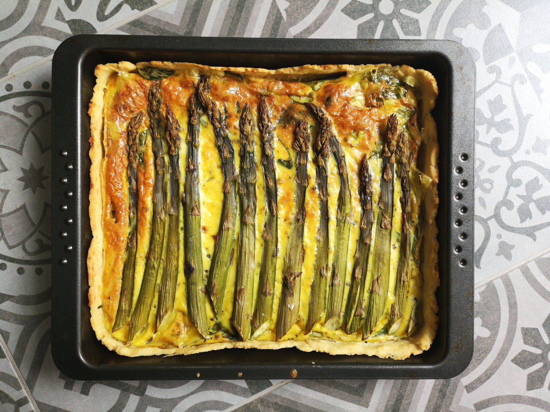vegan spinach asparagus pie in a pan