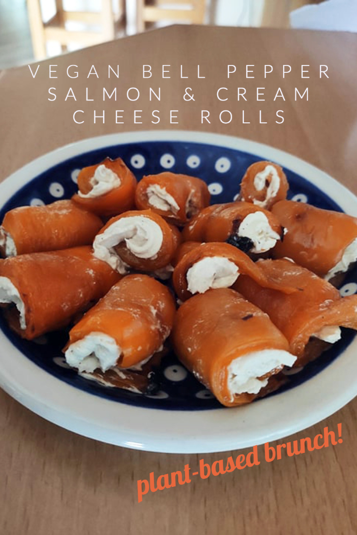 vegan bell pepper salmon and cream cheese rolls with overlayed caption
