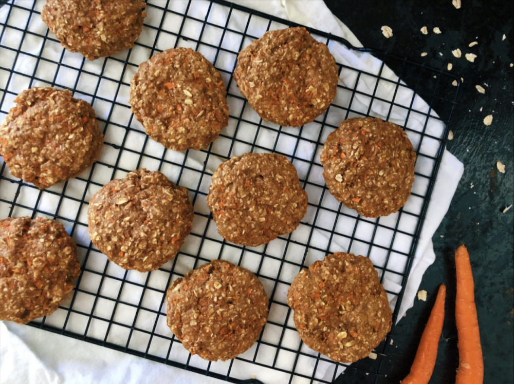 carrot cake oatmeal cookies on a wire cooling rack