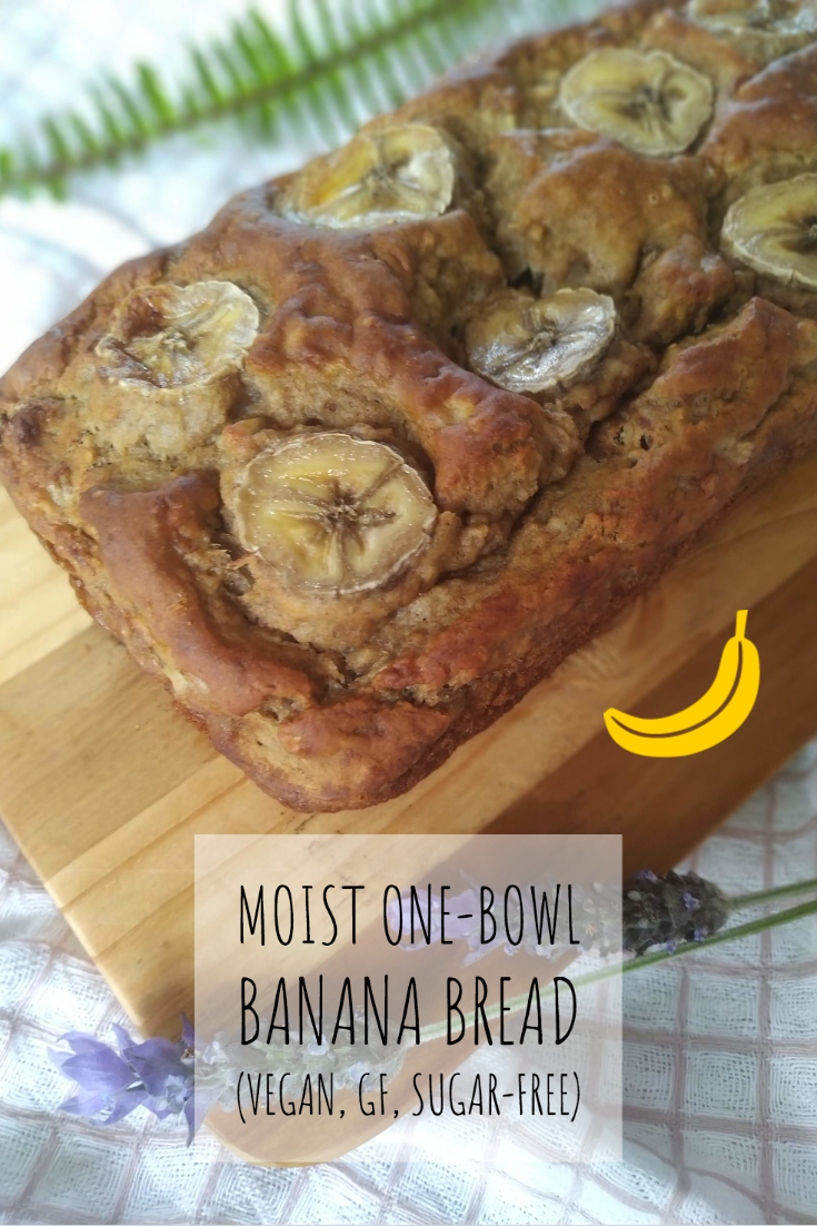 sugar-free vegan banana bread with caption