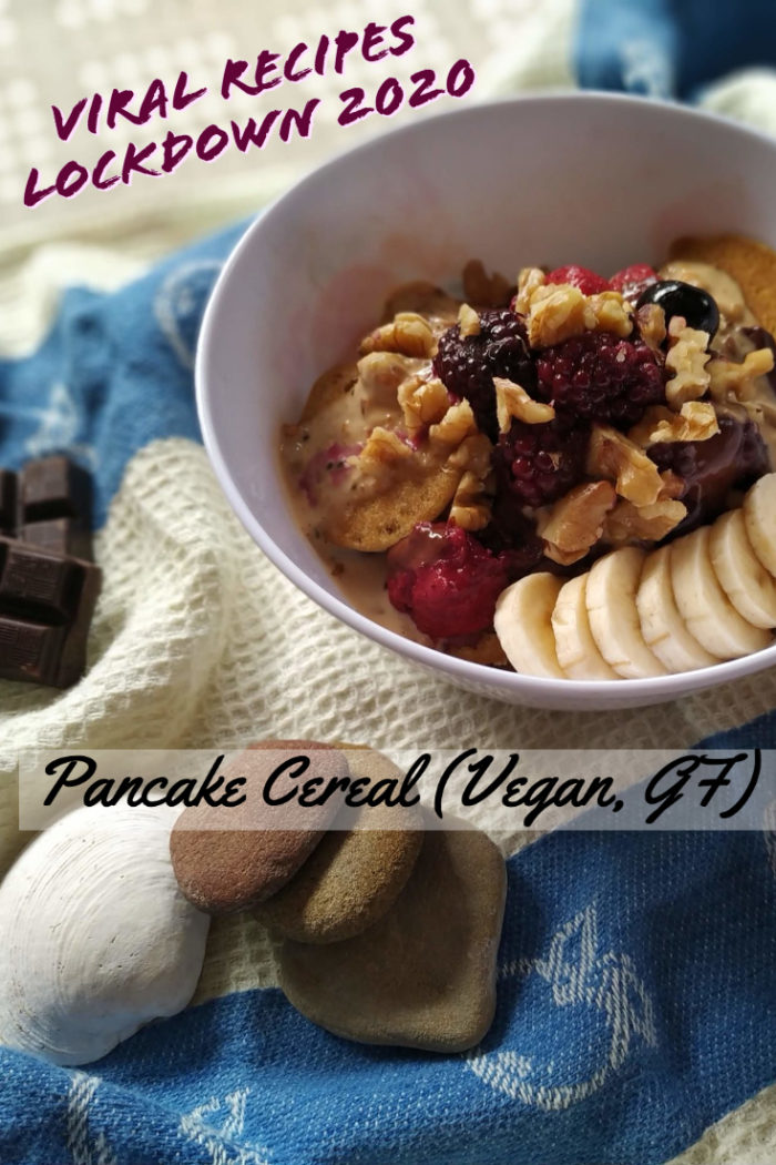 pancake cereal in a bowl with overlayed caption