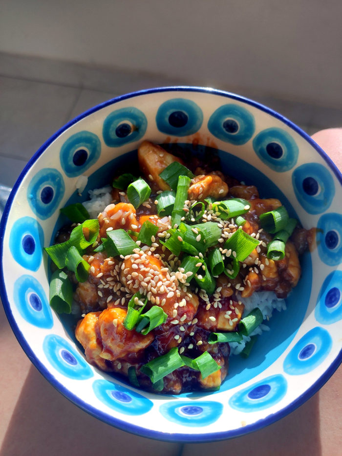 vegan sweet and sour tofu bowl