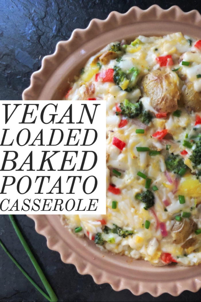 loaded potato casserole with overlayed caption