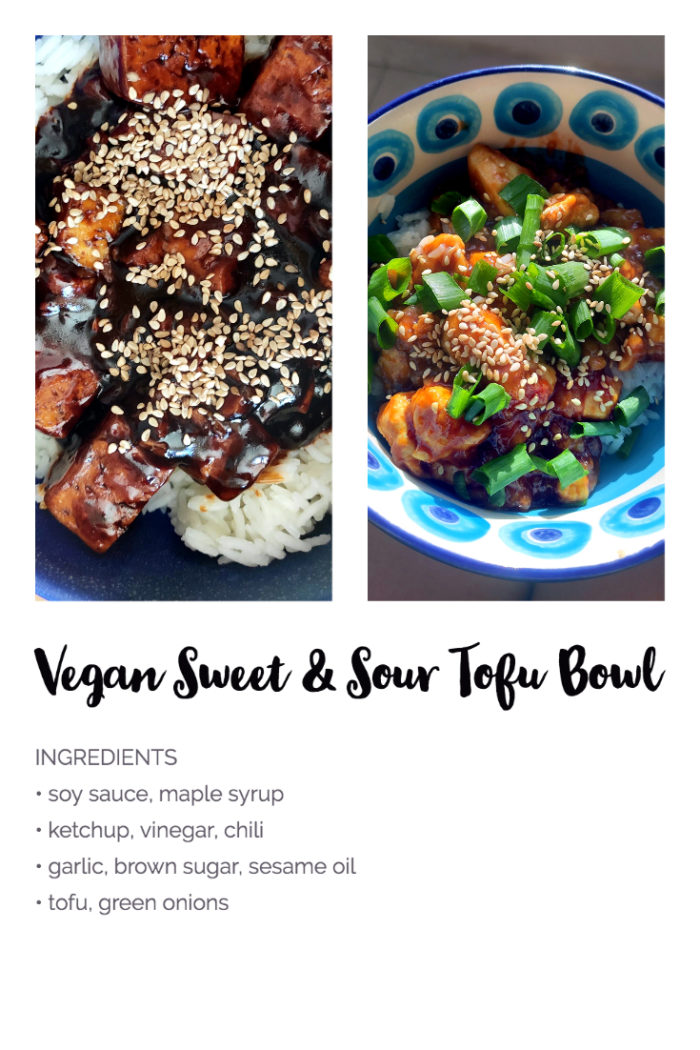 vegan sweet and sour tofu bowl with caption